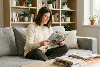 Femme abonnée à un magazine feuilletant sa revue confortablement installée dans son salon moderne