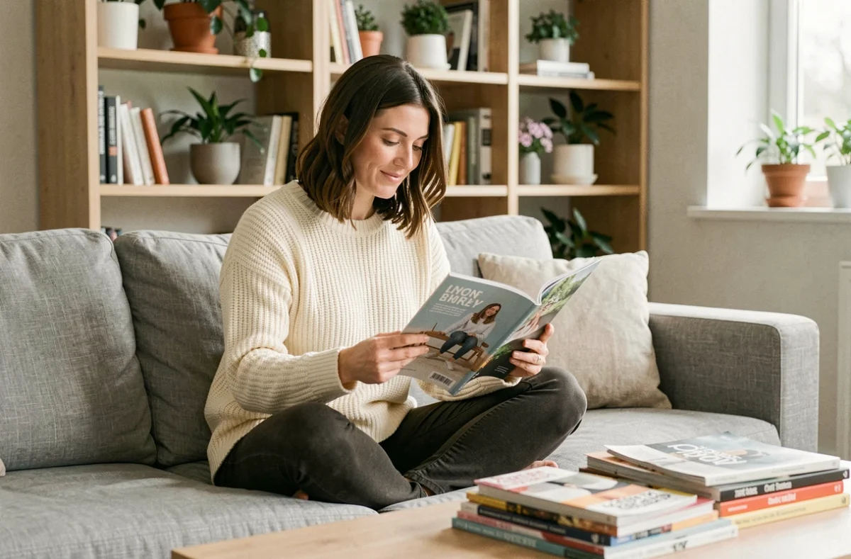Femme abonnée à un magazine feuilletant sa revue confortablement installée dans son salon moderne