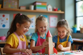 Enfants construisant une fusée en carton lors d'une activité créative en centre de loisirs sur le thème de l'espace