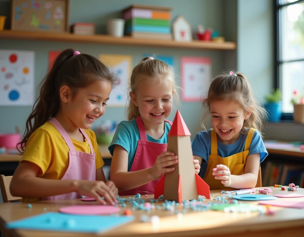 Enfants construisant une fusée en carton lors d'une activité créative en centre de loisirs sur le thème de l'espace