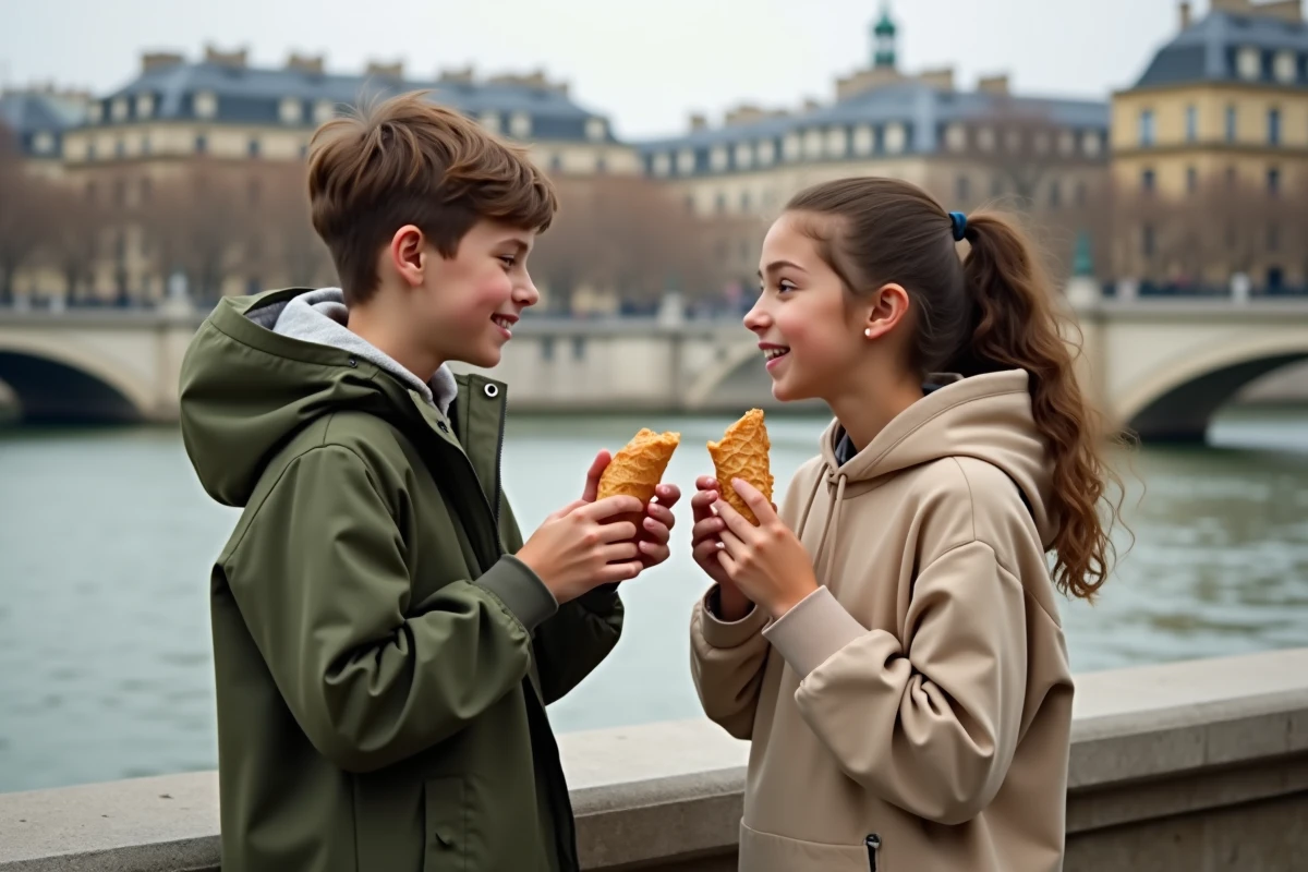 Adolescents frère et sœur se promenant au bord de la Seine à Paris en partageant une crêpe