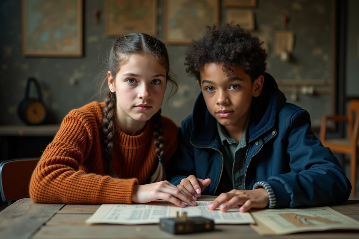 Frère et sœur adolescents en train de résoudre des énigmes dans un escape game parisien