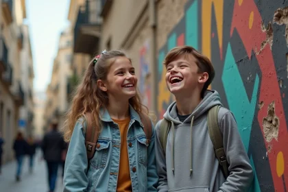 Deux adolescents frère et sœur qui rient devant un mur de street art coloré à Belleville, Paris