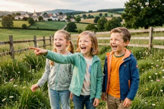 Enfants joyeux explorant la campagne de l'Ain, évoquant les activités familiales et de plein air dans la région