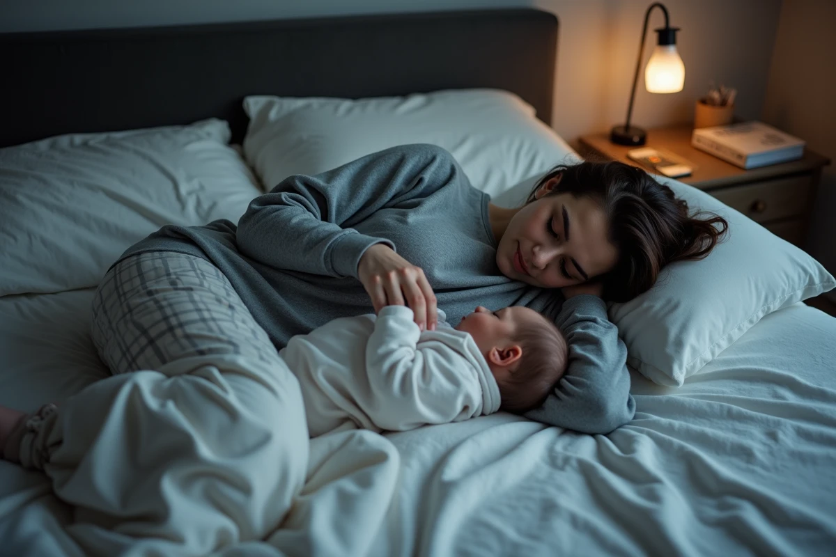 Femme allaitant en position allongée la nuit pour récupérer du sommeil pendant un pic de croissance