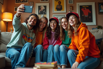 Groupe d'amis dans les années 90 posant pour un selfie dans un salon