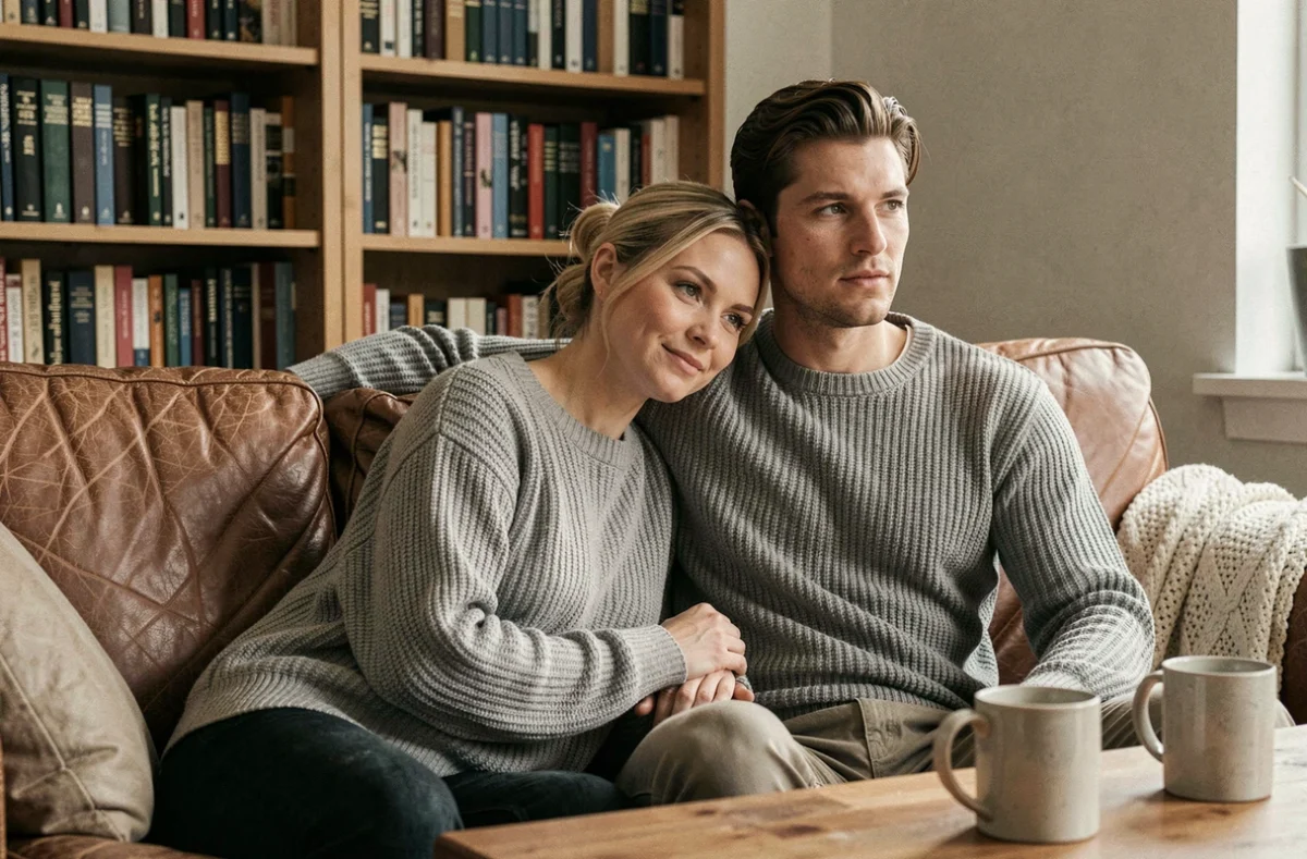 Femme appuyant sa tête sur l'épaule de son partenaire sur un canapé en cuir dans un salon cosy avec des livres, symbolisant la complicité et l'amour durable dans un couple