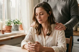 Femme tenant une tasse de café dans une cuisine chaleureuse pendant que son partenaire pose tendrement la main sur son épaule, illustrant l'amour quotidien dans un couple