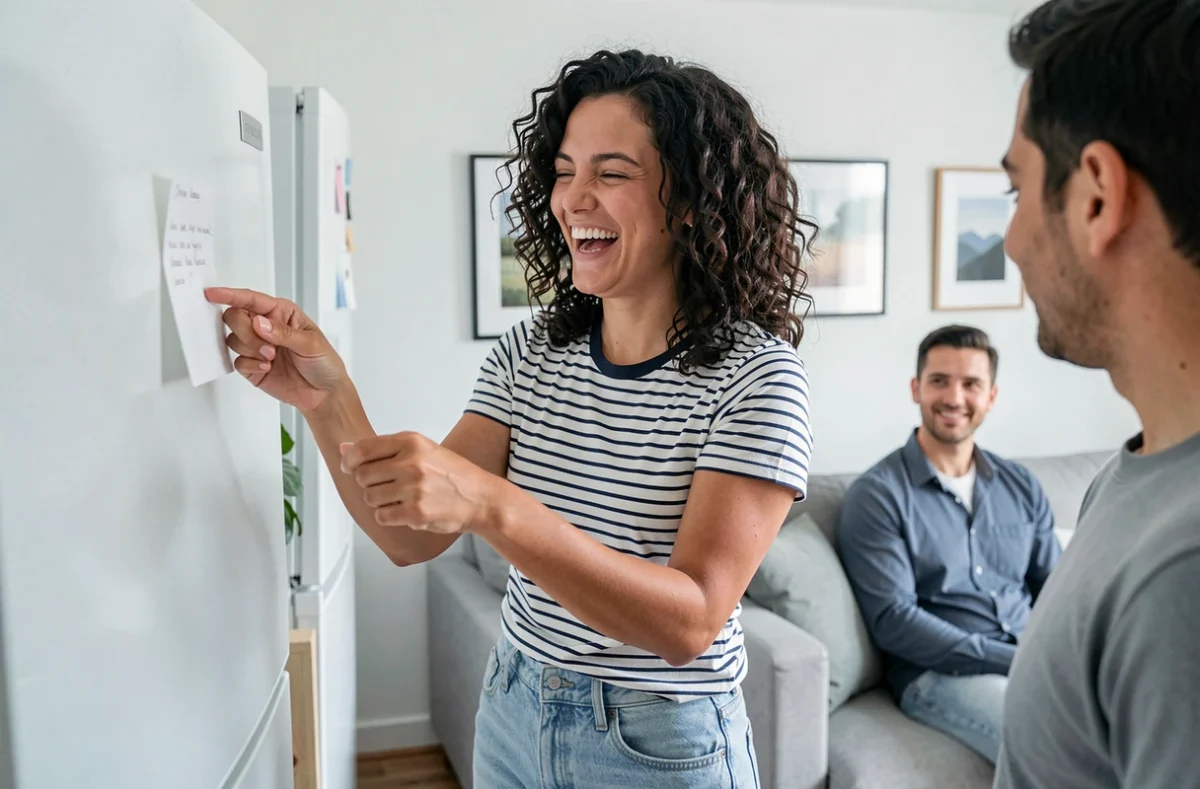 Femme riant devant un message laissé par son partenaire sur le réfrigérateur dans un appartement moderne, représentant les petites attentions de l'amour au quotidien