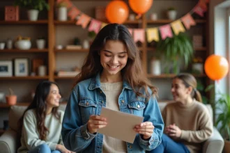 Jeune fille souriante en portrait devant un décor d'anniversaire chaleureux