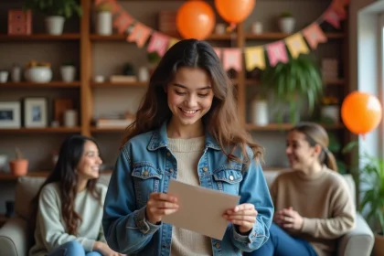 Jeune fille souriante en portrait devant un d&eacute;cor d'anniversaire chaleureux