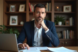 Homme élégant assis à un bureau de maison reflétant une vie familiale organisée et professionnelle