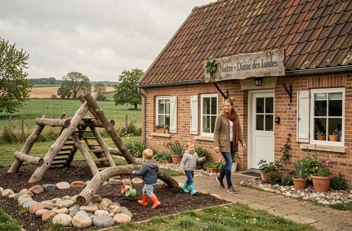 Extérieur de la micro-crèche L'Arbre aux Enfants à Notre-Dame-des-Landes avec des enfants explorant un espace de jeux naturel en plein air