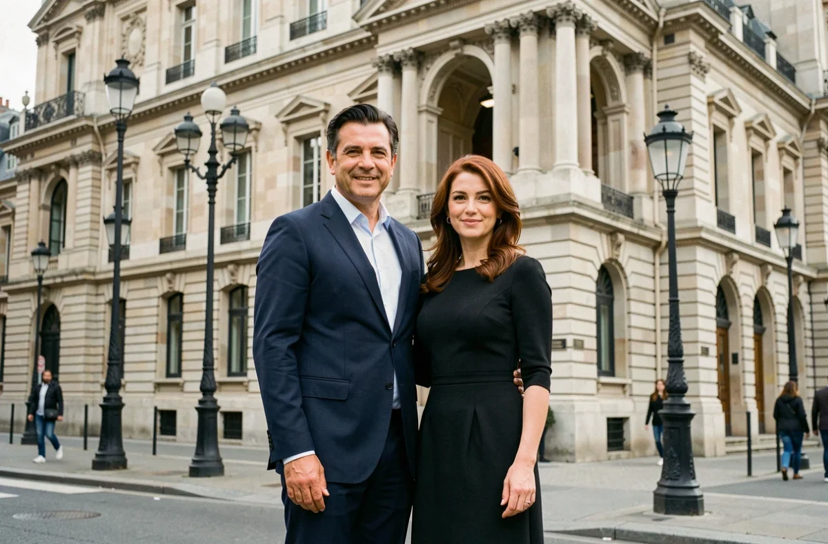 Patrick Fiori et Ariane Quatrefages devant un opéra parisien emblématique, élégants et souriants