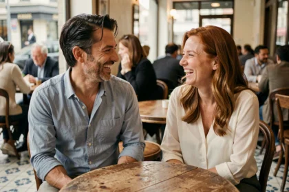 Ariane Quatrefages et Patrick Fiori partageant un moment complice dans un bistrot parisien chaleureux