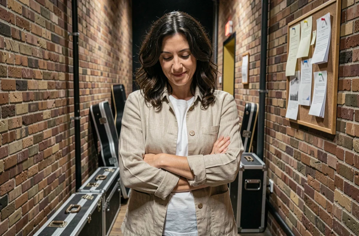 Artiste musicienne dans les coulisses d'une salle de concert, moment de vie privée loin des projecteurs