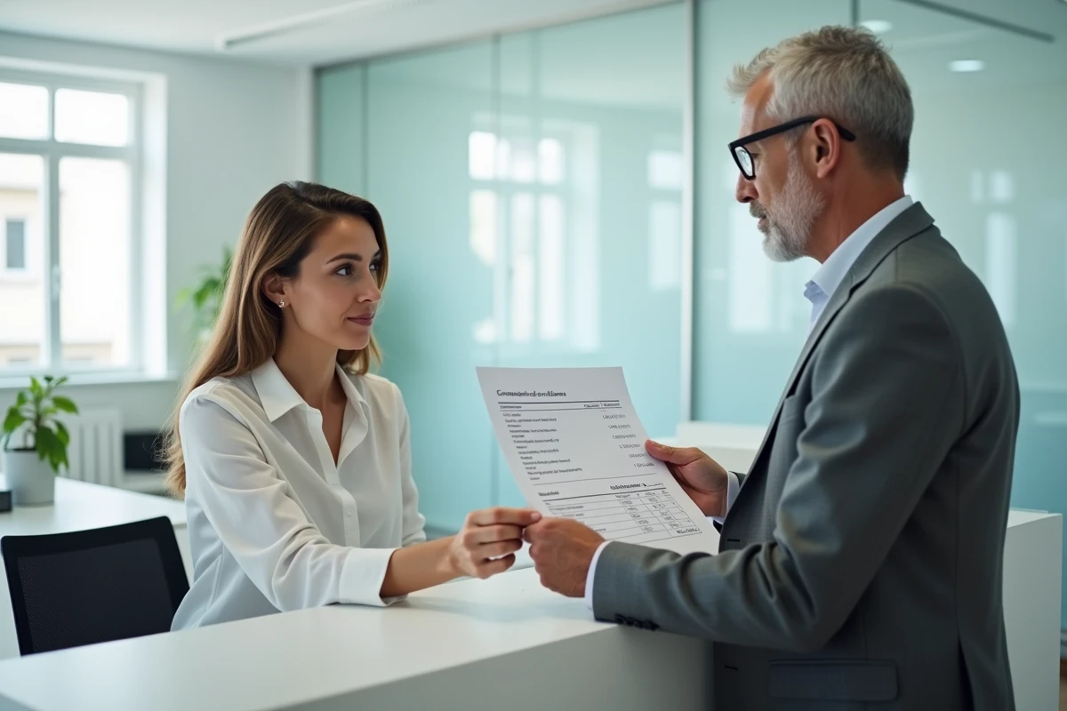 Une assistante notariale remet un devis de frais de testament à un client dans une étude moderne