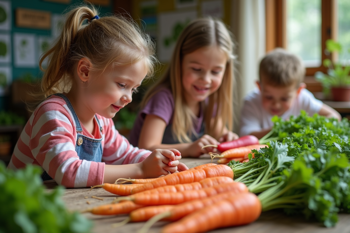 Enfants touchant des légumes frais lors d