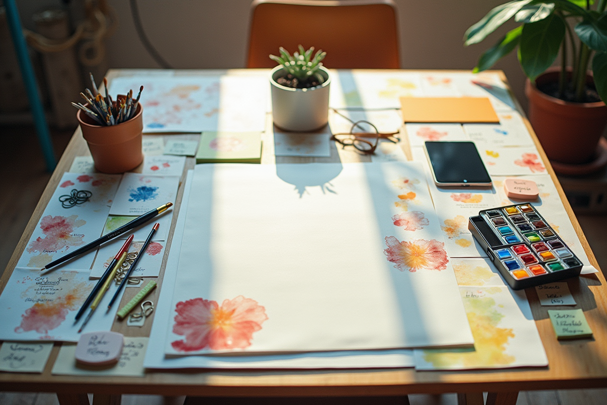 Table d’artiste avec peintures et croquis en lumière douce