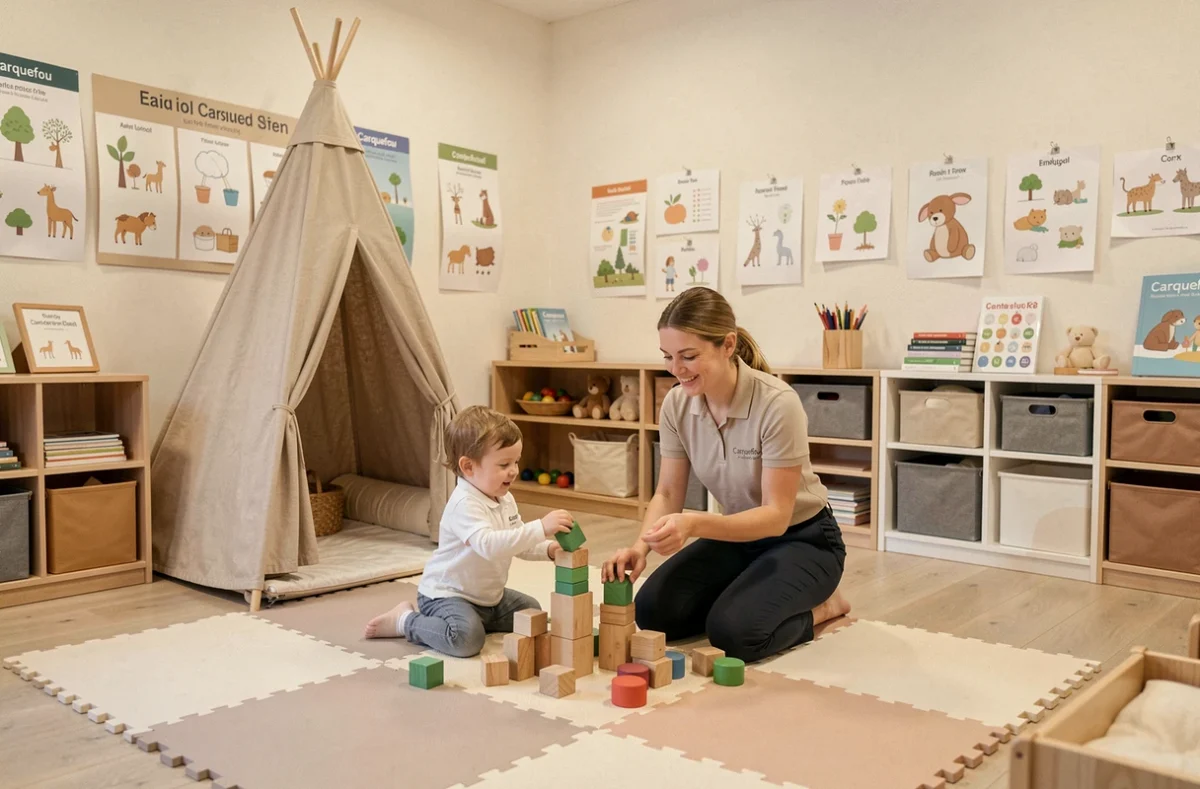 Salle spacieuse et bien équipée de la micro-crèche Babilou à Carquefou avec une éducatrice accompagnant un enfant dans une activité de construction