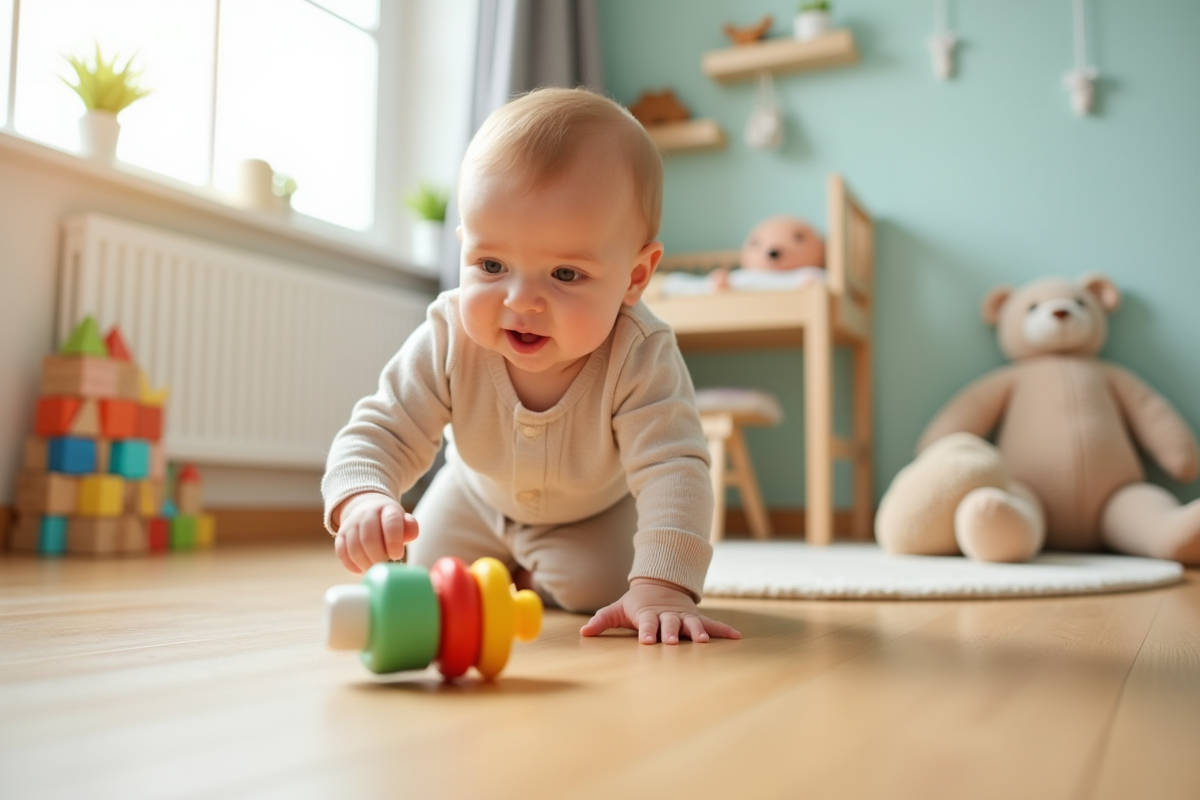 Bébé rampe vers un jouet coloré dans une chambre lumineuse