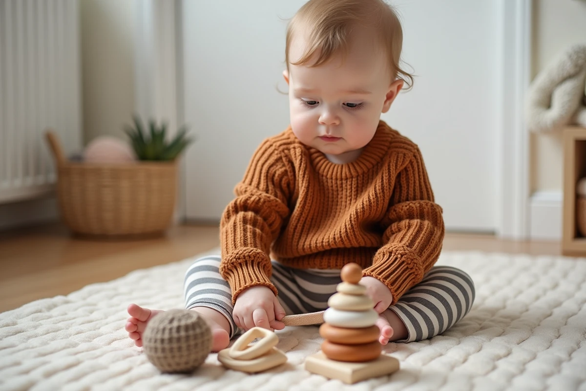 Bébé de 1 an explorant des jouets motricité faits main en bois et crochet sur un tapis d'éveil