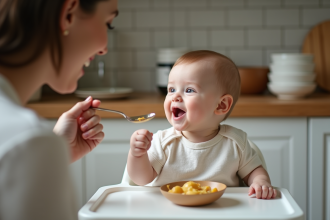 Bébé de 9 mois dans une chaise haute souriant vers sa mère