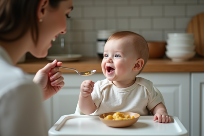 Bébé de 9 mois dans une chaise haute souriant vers sa mère