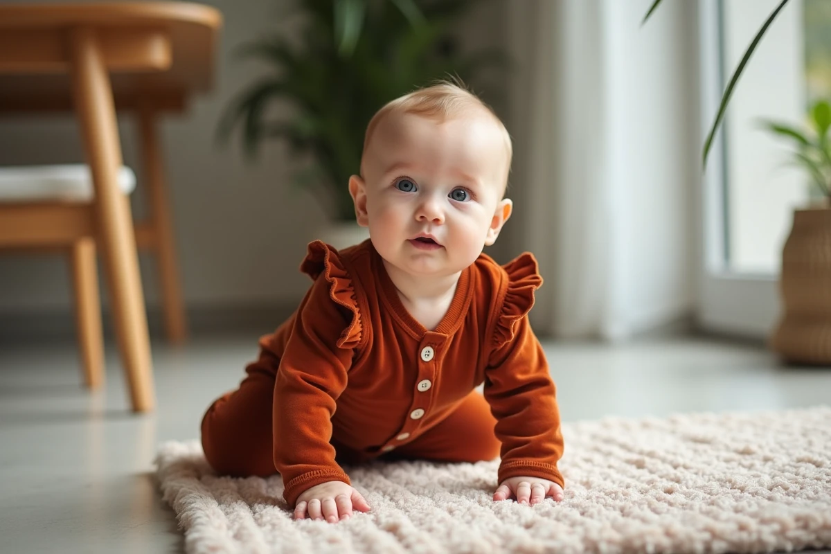 Bébé de 7 mois assis seul sur un tapis texturé dans une salle à manger moderne, les mains posées au sol pour l'équilibre