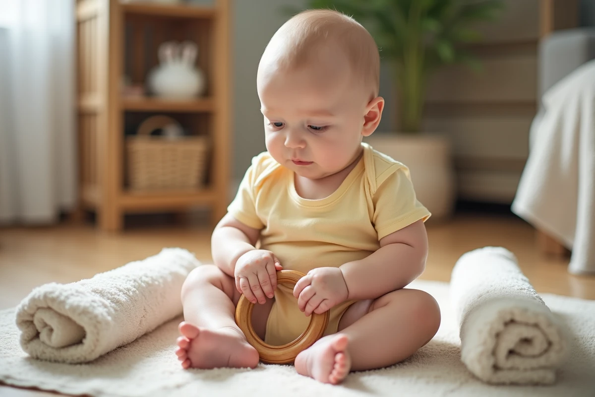 Bébé de 6 mois assis avec soutien sur un tapis d'éveil, explorant un anneau de dentition en bois dans un salon chaleureux