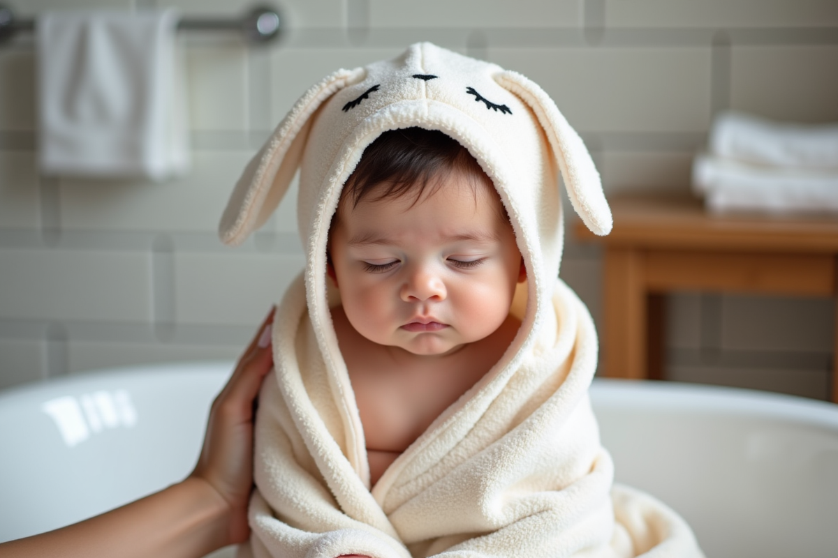 Bébé de six mois après le bain dans une serviette douce