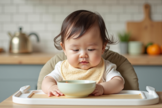 Bébé fille curieuse dans une chaise haute avec purée maison