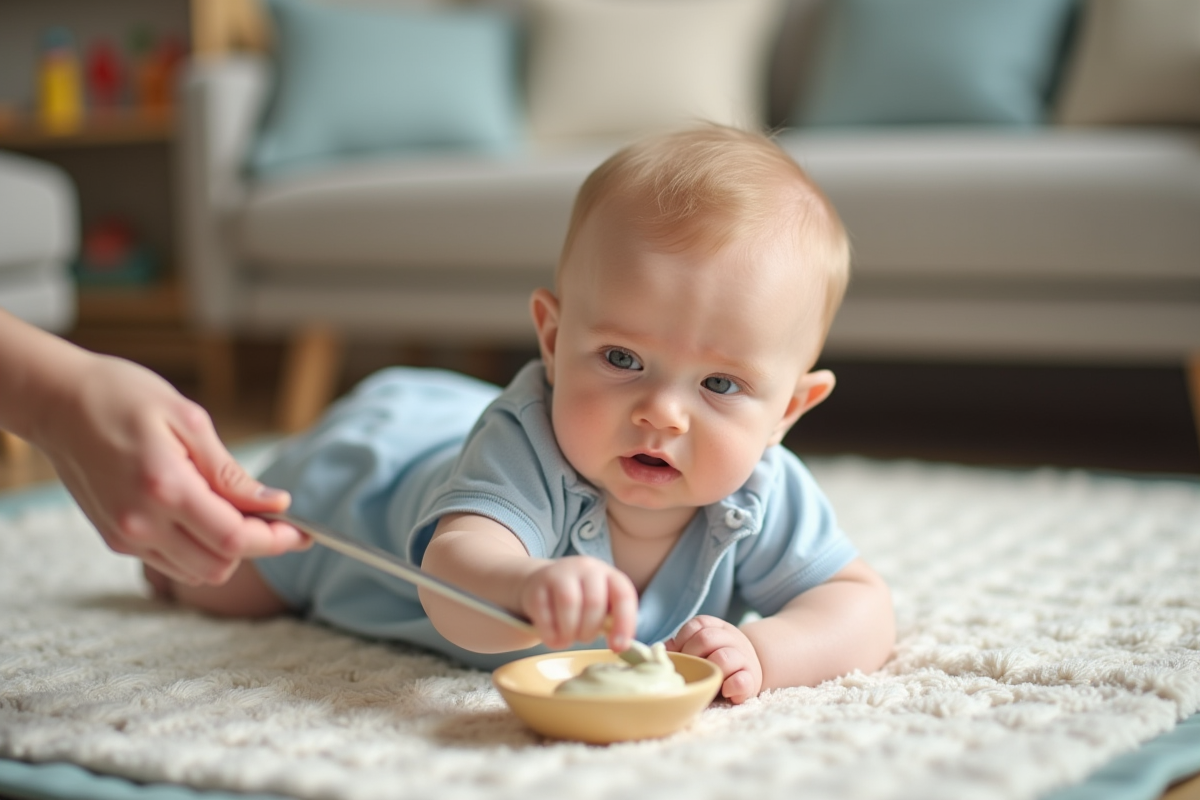Bébé garçon jouant avec purée dans un environnement familial