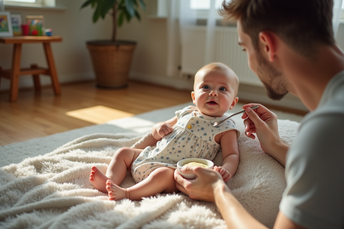 Bébé fille sur une couverture avec son père lors du repas