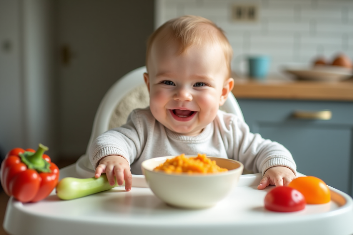 Bebe souriant dans une chaise haute mangeant des légumes