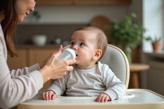 Bébé de quatre mois en poussette dans une cuisine chaleureuse