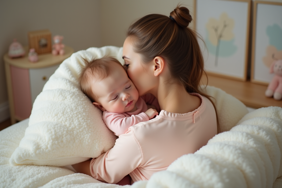 Bébé fille de huit mois bercée par sa mère dans une nurserie