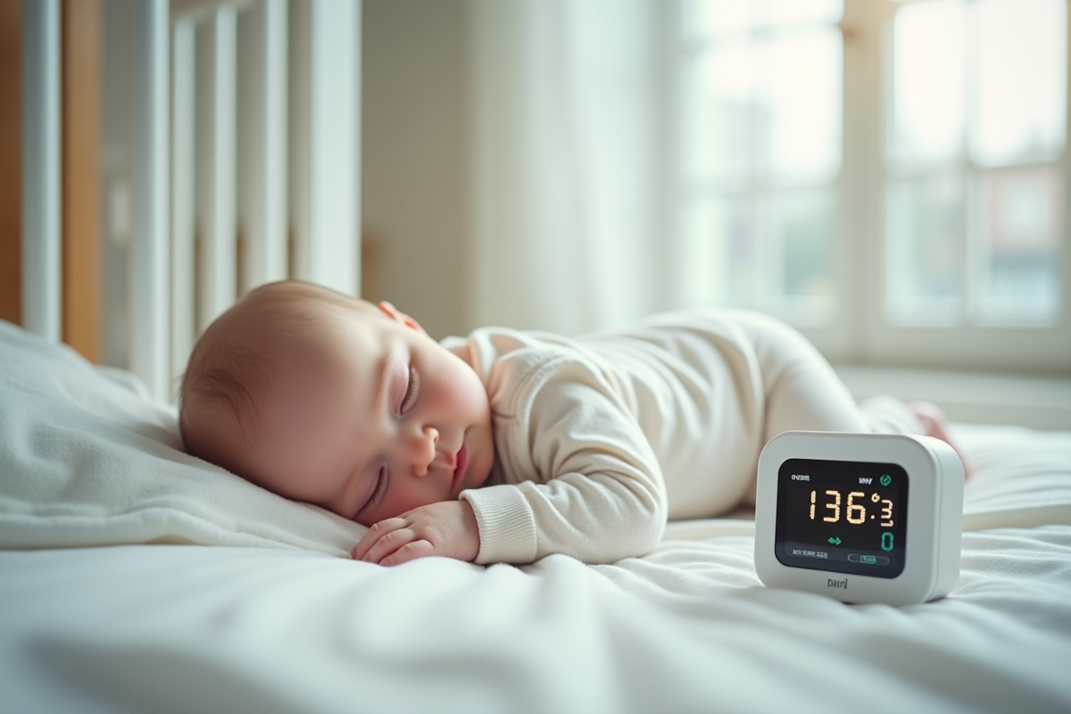 Bebe endormi dans une nurserie lumineuse avec thermometre digital