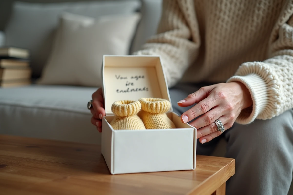 Mains d'une grand-mère découvrant des chaussons de bébé dans un coffret cadeau pour annoncer une grossesse