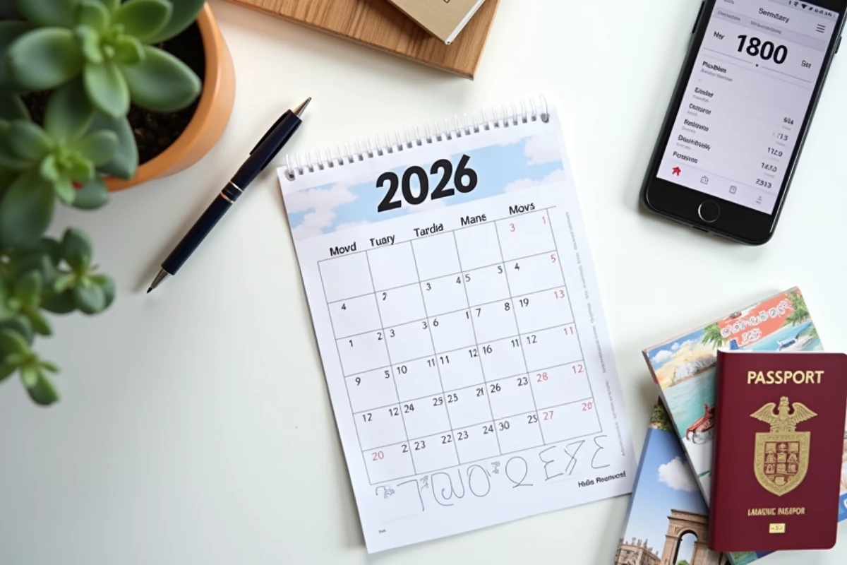 Vue en plongée d'un bureau avec calendrier scolaire 2026, smartphone et brochures de voyage pour préparer les vacances