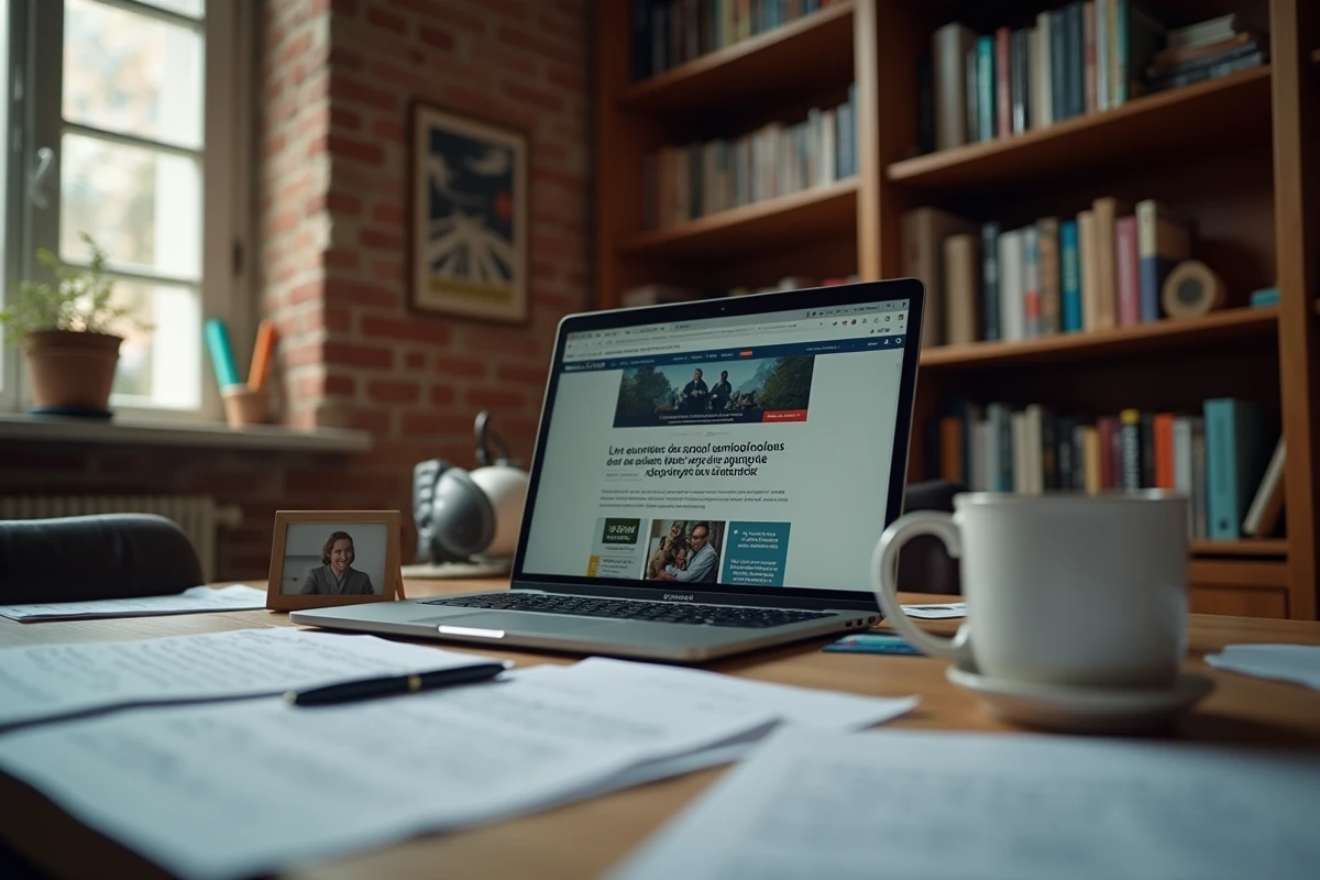 Bureau de recherche journalistique avec ordinateur portable, notes manuscrites et photographie familiale encadrée