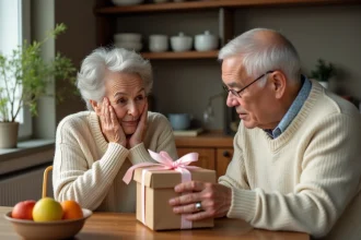 Jeune femme offrant un cadeau à ses parents pour annoncer une grossesse, grands-parents émus et surpris autour d'une table familiale