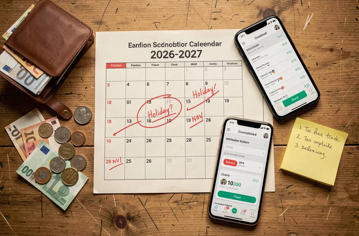 Vue aérienne d'un bureau avec calendrier scolaire 2026-2027 annoté, portefeuille en euros et comparateur de prix sur smartphone pour organiser le budget vacances familiales