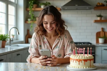 Jeune femme de 18 ans regardant une carte animée d'anniversaire sur son smartphone avec un gâteau en arrière-plan