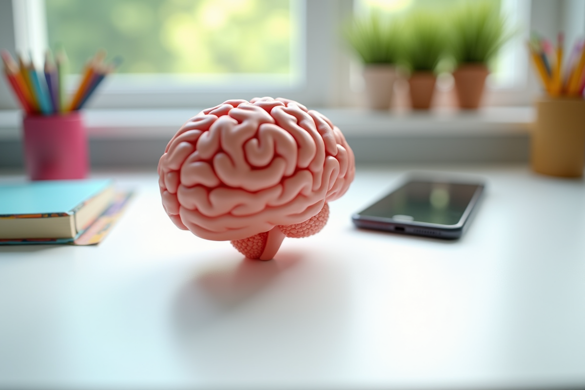 Modèle de cerveau d’enfant avec smartphone sur un bureau lumineux