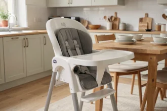 Chaise haute Chicco Polly Magic 3 en 1 en configuration repas dans une cuisine scandinave moderne