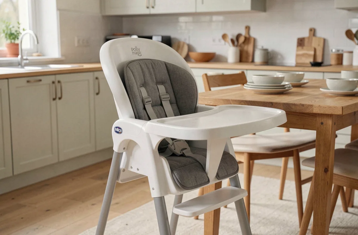 Chaise haute Chicco Polly Magic 3 en 1 en configuration repas dans une cuisine scandinave moderne