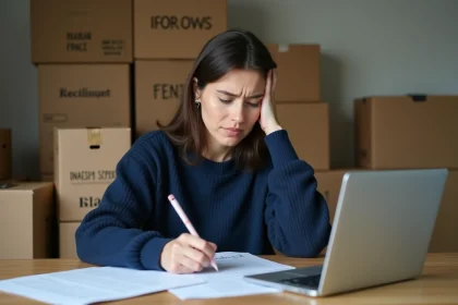 Femme remplissant des formulaires administratifs entourée de cartons de déménagement lors d'un changement de département