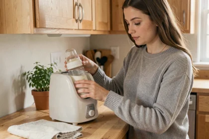 Jeune mère utilisant un chauffe biberon électrique classique dans une cuisine en bois clair