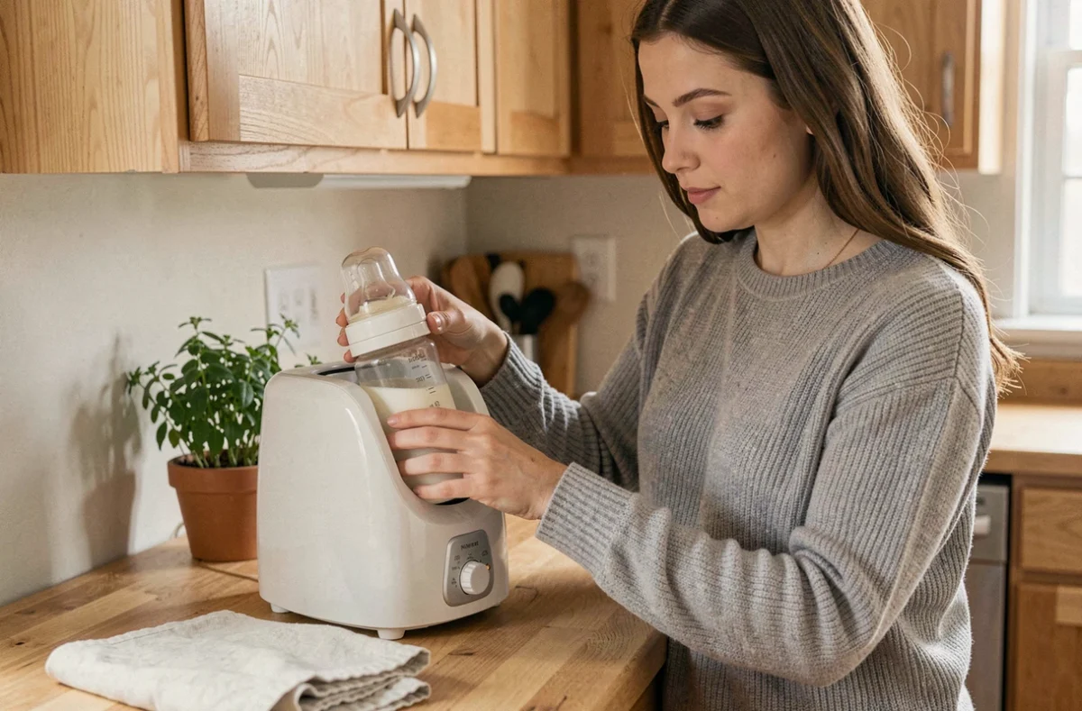 Jeune mère utilisant un chauffe biberon électrique classique dans une cuisine en bois clair